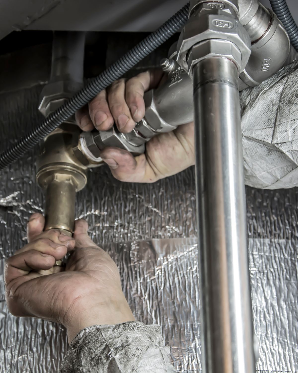 Close-up of copper pipework being fitted by a heating engineer